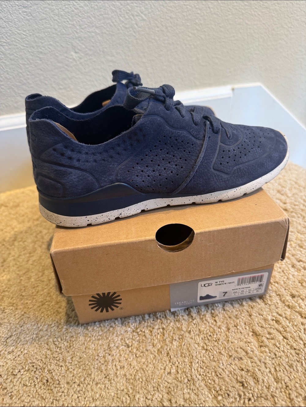 UGG Treadlite Navy Blue Perforated Leather Sneakers Size 7